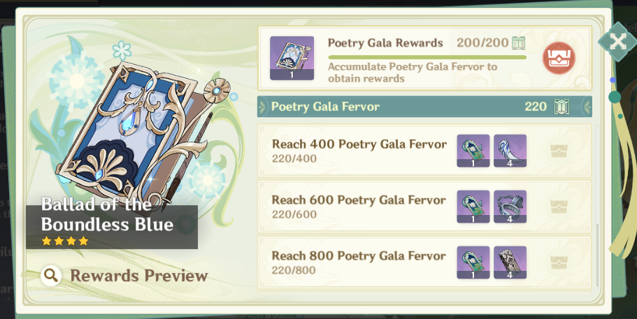 Waterborne Poetry event list of rewards and points.