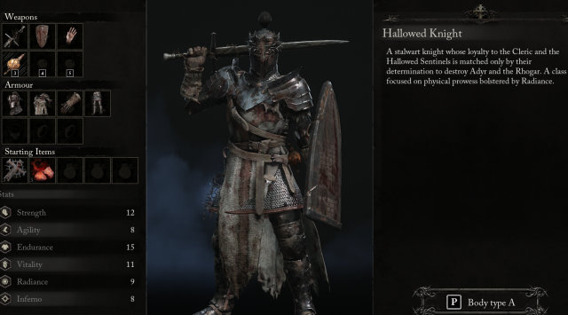 Class menu showing a character wielding a sword and shield.