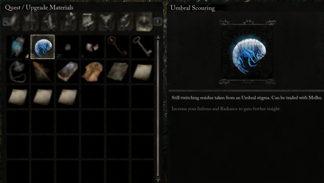 Menu showing an inventory and highlighting Umbral Scouring.