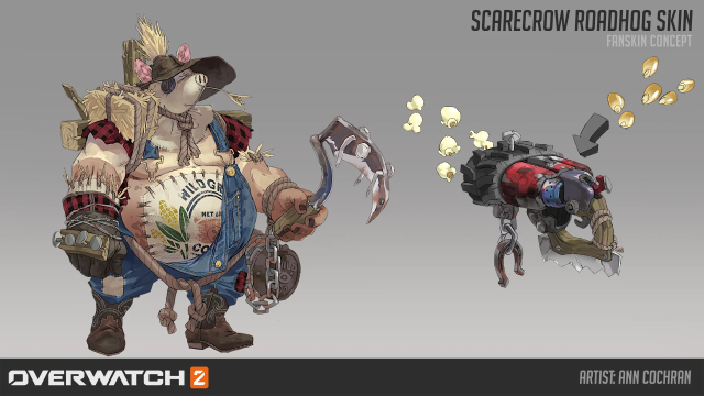 Scarecrow Roadhog skin concept art by artist Ann Cochran.