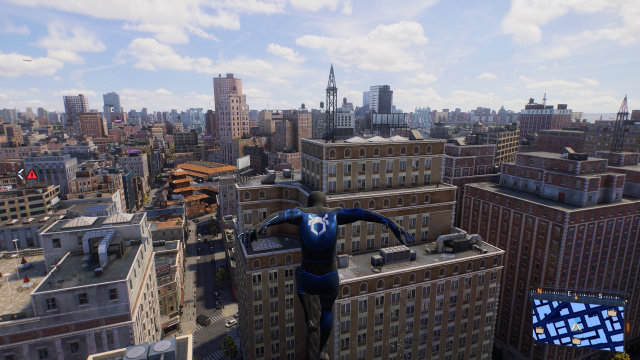 A screenshot of Spider-Man looking at a tower in the Financial District in NYC.