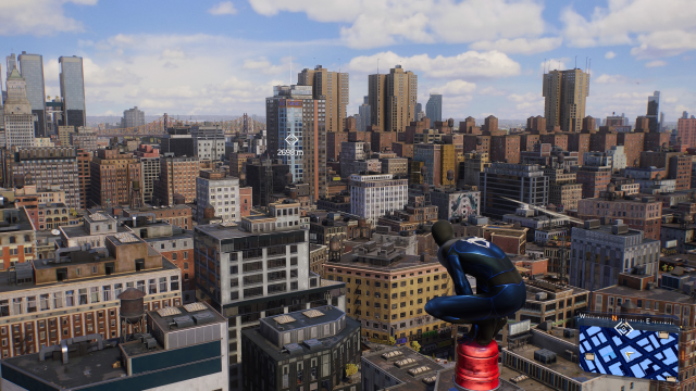 A screenshot of Spider-Man perched on a tower in the Financial District of NYC.