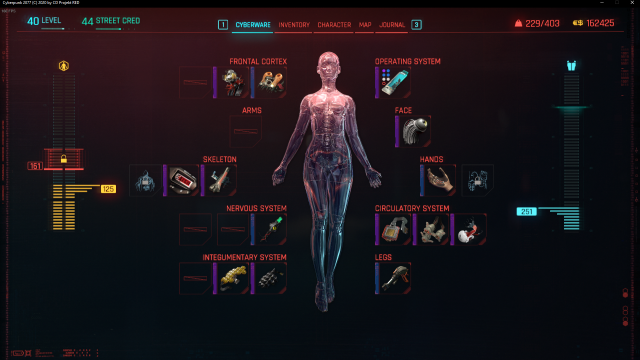 Cyberware selection screen from Cyberpunk 2077. 