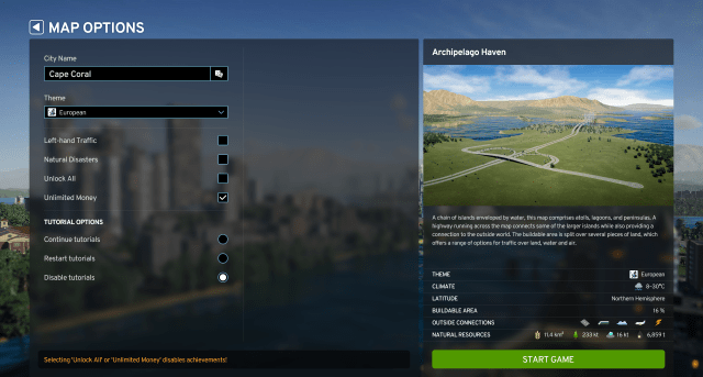 New Game Select Screen in Cities Skyline 2