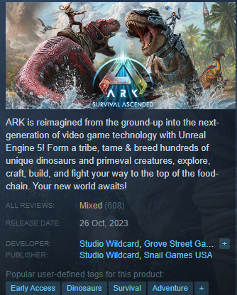 Steam Page of ARK: Survival Ascended.