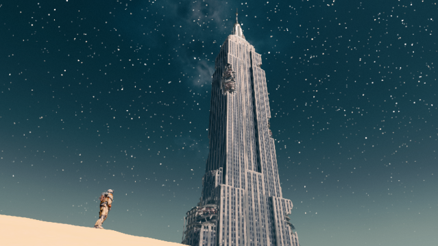 Starfield player standing near the International Commerce Center building affected by time on Earth.