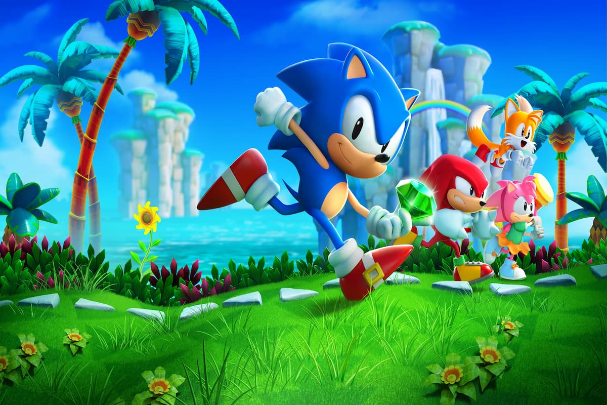 Sonic, Tails, Knuckles and Amy Rose running over a grassy field