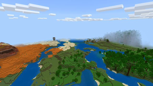 A screenshot of four different Minecraft biomes merged into one location.