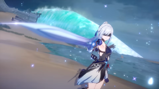 Jingliu striking down Ice damage with her sword.