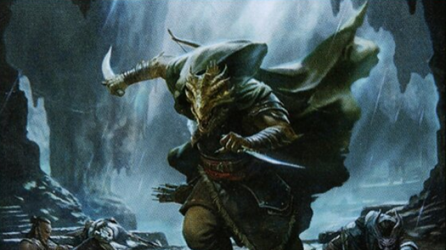 A dragon-faced humanoid with two daggers and a long, green cloak sprints towards the viewer in a cave in DnD 5E.