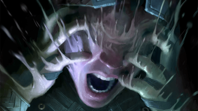 A man holds his eyes as darkness folds around him. He is covered in blueish armor in MtG.