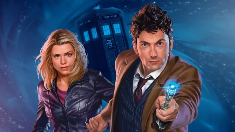 The Doctor holds up a glowing Sonic Screwdriver next to his companion while standing in front of the TARDIS.