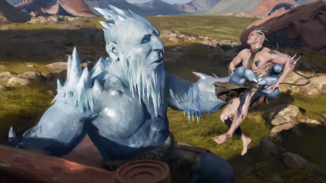 A large, frozen man grips a smaller, partially nude one in a grassy field of MtG.