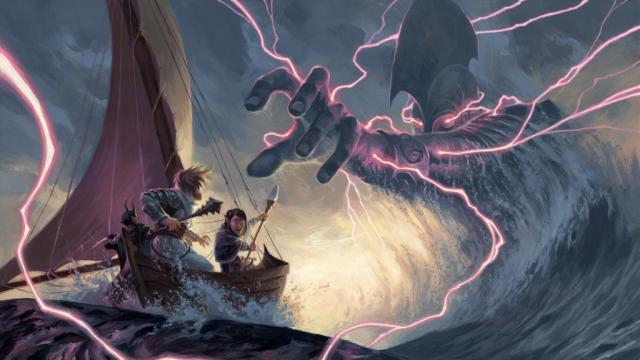 A small boat of three people move towards a large, humanoid wave that reaches towards them, electricity pulsing outwards in MtG.