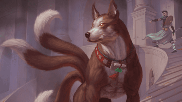 A very large dog with three tails stands in front of a staircase, a man in a robe at the top of it, staring to the left in MtG.