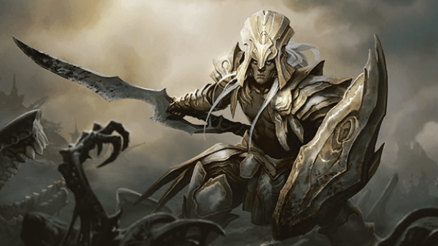 A heavily armored human, with a gigantic helmet, metal armor, and wing-like shield, stands on a battlefield in MtG.