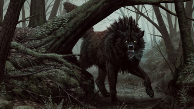 In a dark, dying forest, a large, black wolf stares at the viewer, snarling in MtG.