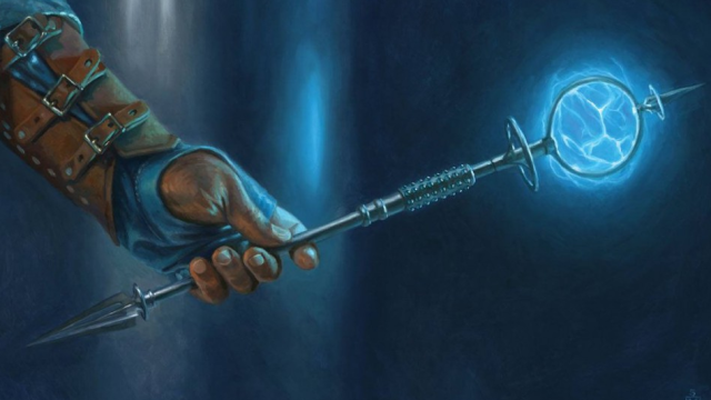 A blue-gloved hand holds a blue staff with a glowing blue nexus at the end of it in MtG.