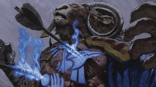 A goat-headed humanoid is struck by several arrows that glow with blue energy in MtG.