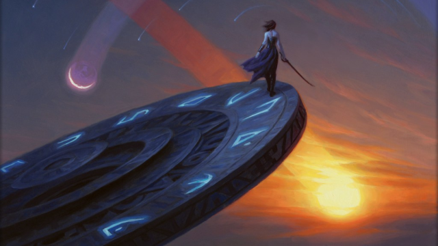 A wizard with a staff sits on a massive clock, watching two meteors streak towards the ground in MtG.