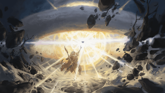 A small humanoid figure sits inside a gigantic mushroom cloud in MtG, with a bright circle as the center of it.