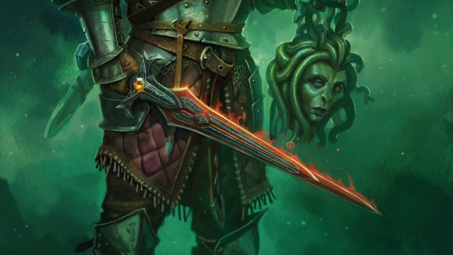 A heavily armored man holds the head of a gorgon in one hand and a red sword in the other in MtG.