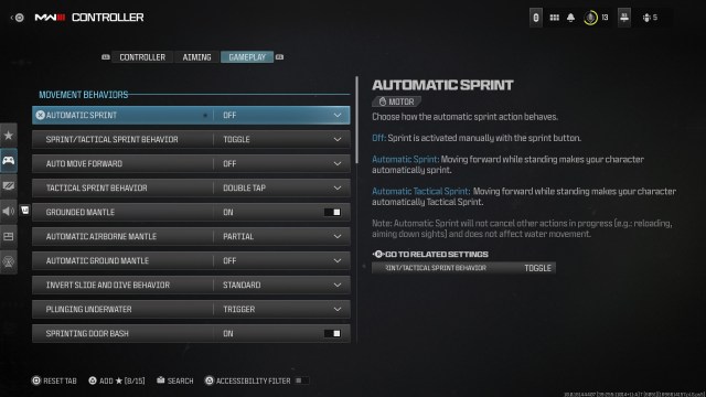 A screenshot of the movement behaviors menu in MW3.