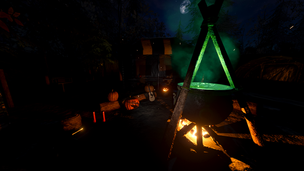A cauldron boiling with green liquid and pumpkins sitting on the ground behind it all under a full moon.
