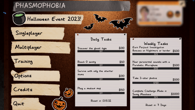 The task board in Phasmophobia decorated for Halloween.