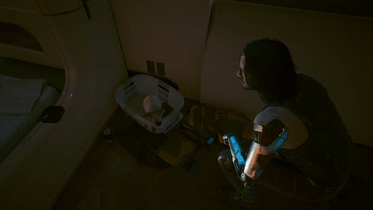 Johnny Silverhand kneeling down next to a cat in a laundry basket in V's apartment (Cyberpunk 2077).