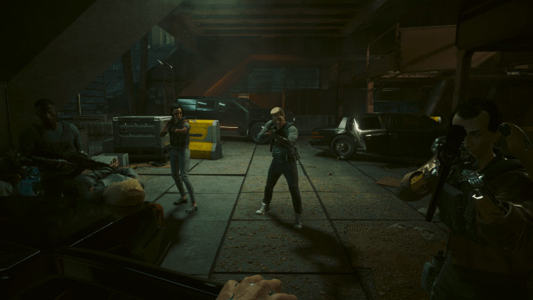 Nele being handcuffed by Biotechnica agents on the hood of a car in Cyberpunk 2077