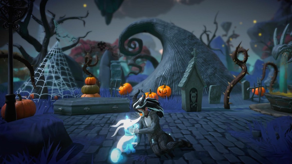 The player dressed as Jack Skellington petting a Zero fox companion in front of a Nightmare Before Christmas themed scenery.