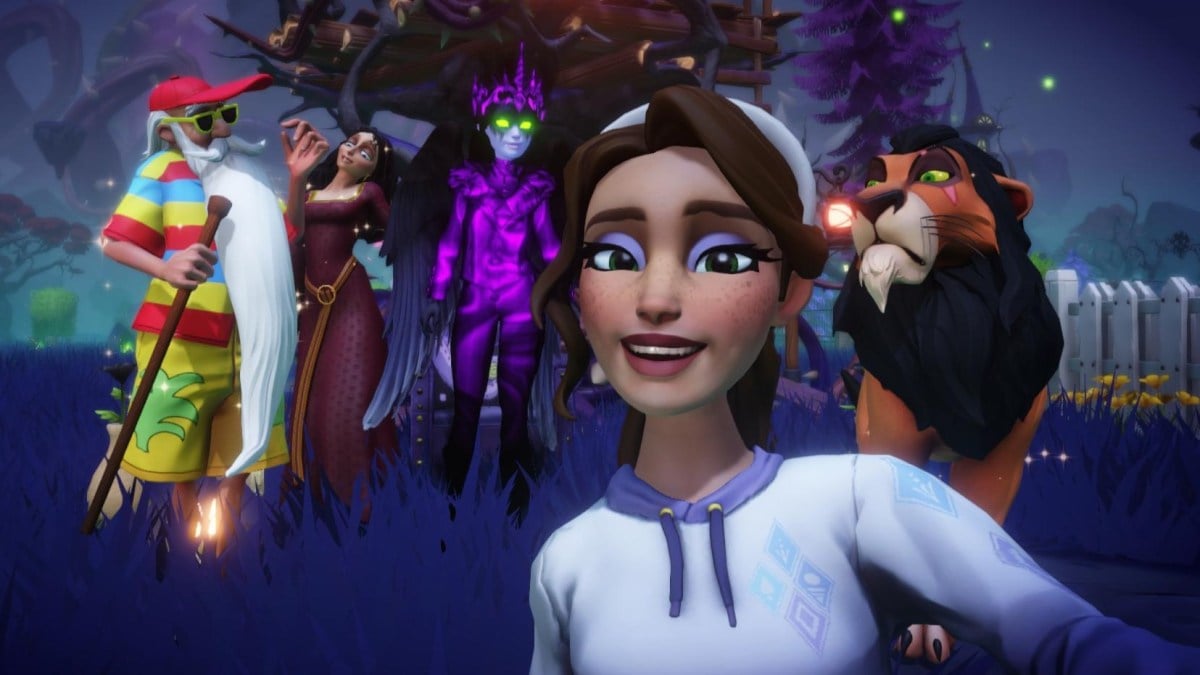 The player taking a selfie in the Forgotten Lands with Merlin, Mother Gothel, The Forgotten, and Scar.