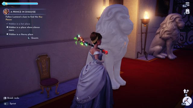 A Disney Dreamlight Valley screenshot showing the player preparing to hit a white lion statue with their pickaxe.