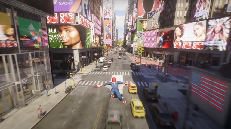 An image of Spider-Man swinging through New York from the game Marvel's Spider-Man 2