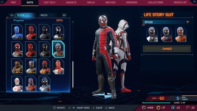 A screenshot of the Life Story suit in the Suits menu in Spider-Man 2.