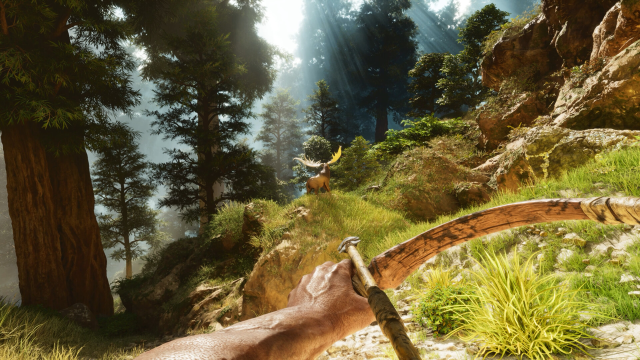 A player shooting an arrow at an animal in the wild in Ark: Survival Ascended