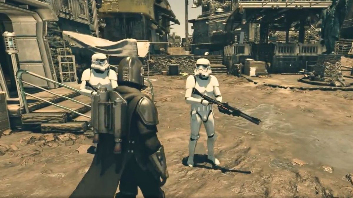 A Mandalorian in front of two Storm Troopers in Starfield