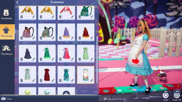 The player wearing a Touch of Magic item while standing next to a bunch of player designed items in Disney Dreamlight Valley.