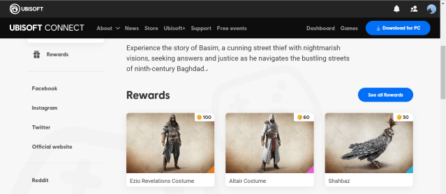 The Ubisoft Connect interface for Assassin's Creed Mirage, showing costumes for both Ezio and Altair.