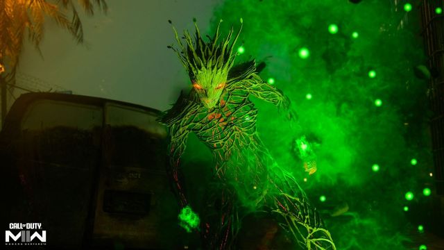 Warzone's Gaia skin, a large tree creature made of wood with branches for arms and a spiky wooden head, surrounded by green gas.