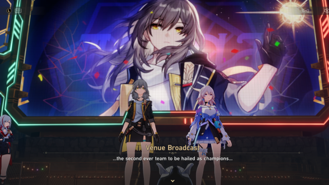 The Trailblazer, March, and their Warp Trotter being crowned winners of the Aetherium Wars event after beating Topaz.