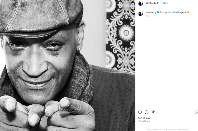 A black and white image of Todd Howard shared by Tom Hardy on Instagram.