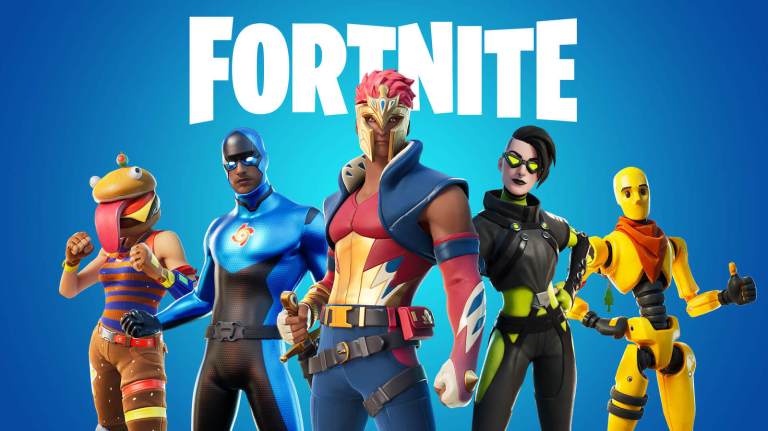 Fortnite characters standing with the Fortnite logo behind them