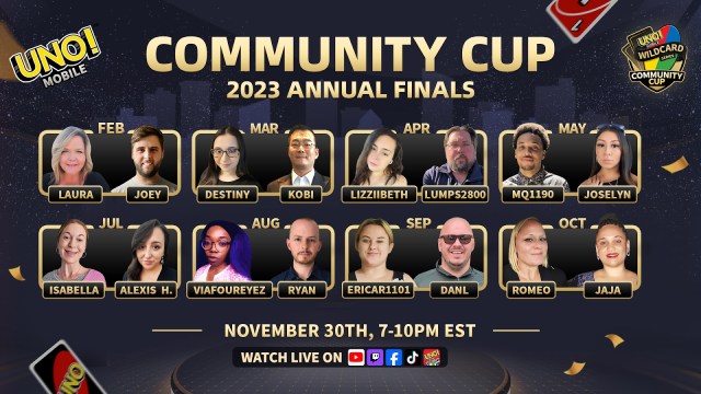 A promotional graphic displaying the 16 finalists who have locked in their place for the UNO! Community Cup 2023 Annual Finals.