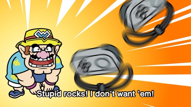 Wario angrily throwing stone Joy-Cons away.