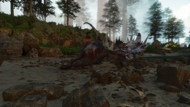 A Survivor dragging the body of a Megaloceros in Ark: Survival Ascended.