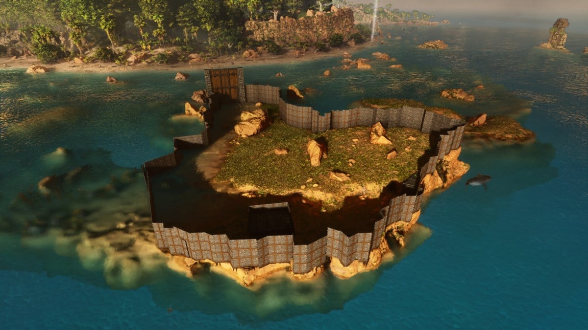 Construction on an Island in Ark: Survival Ascended with tall stone walls and a Megalodon in the ocean.