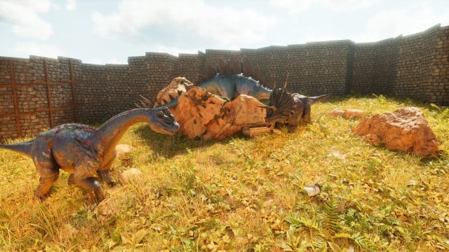 A baby Triceratops, Stegosaurus, and Brontosaurus together in Ark: Survival Ascended.