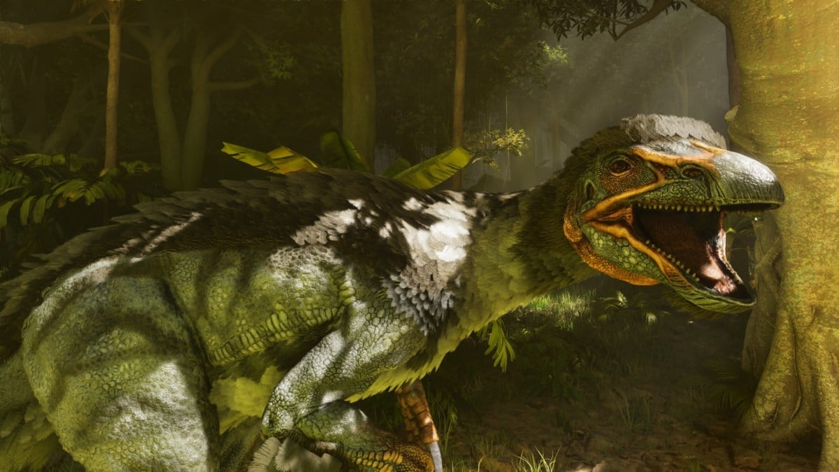 A Therizinosaur in Ark: Survival Ascended roars at a player.